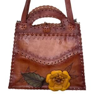 1970s Brown Tooled Leather Sculpted 3D Flower Boho Artisan Shoulder Bag